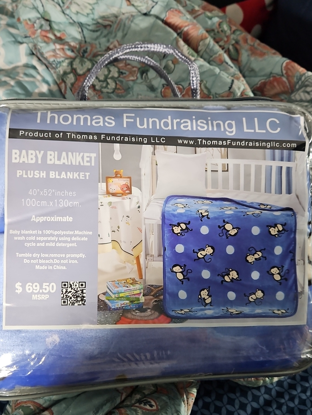 Thomas Fundraising Blue Plush Baby Blanket - Polka Dot Monkey Design